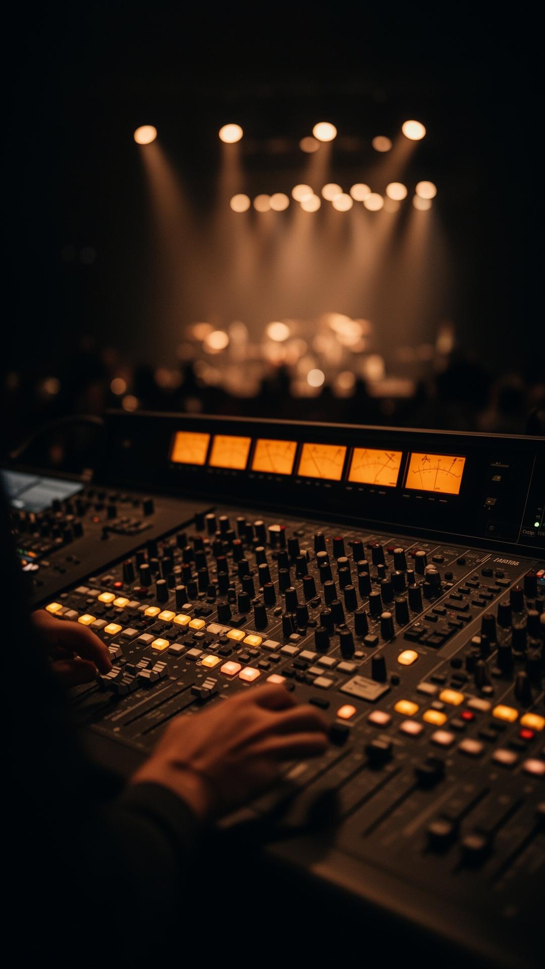 A digital audio mixing console glowing warm amber in a darkened concert venue