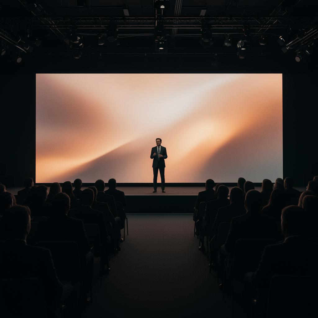A keynote speaker silhouetted against a large LED wall in a darkened conference hall