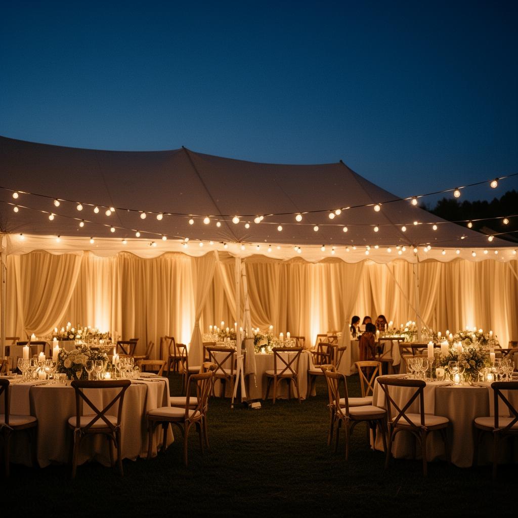 An elegant outdoor wedding tent glowing with warm bistro lights at dusk