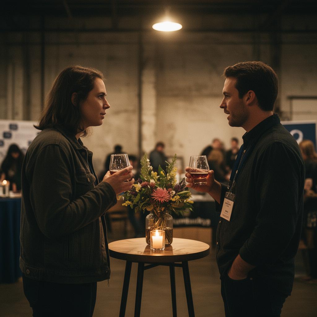 Two vendors in conversation at a high-top table inside the warehouse