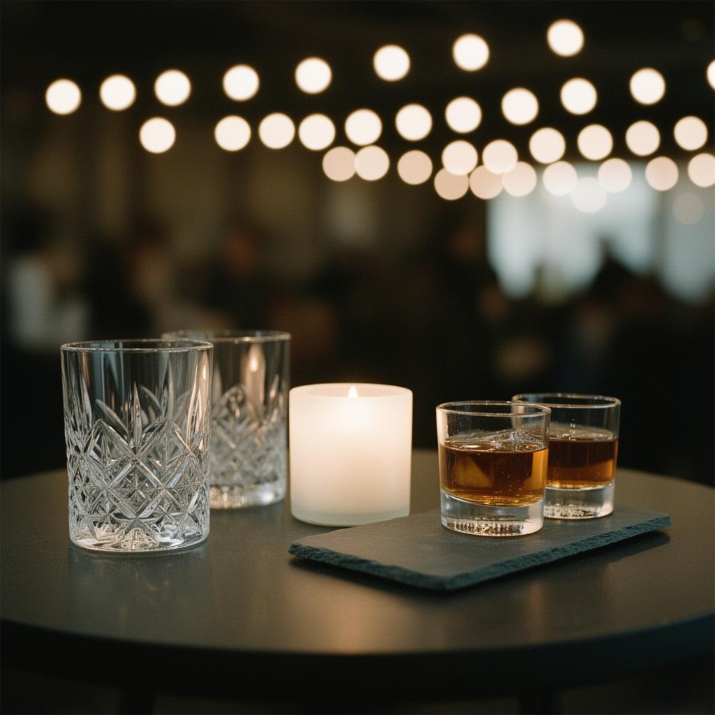 A close-up of cocktail glasses, a candle, and a bourbon flight on a cocktail table