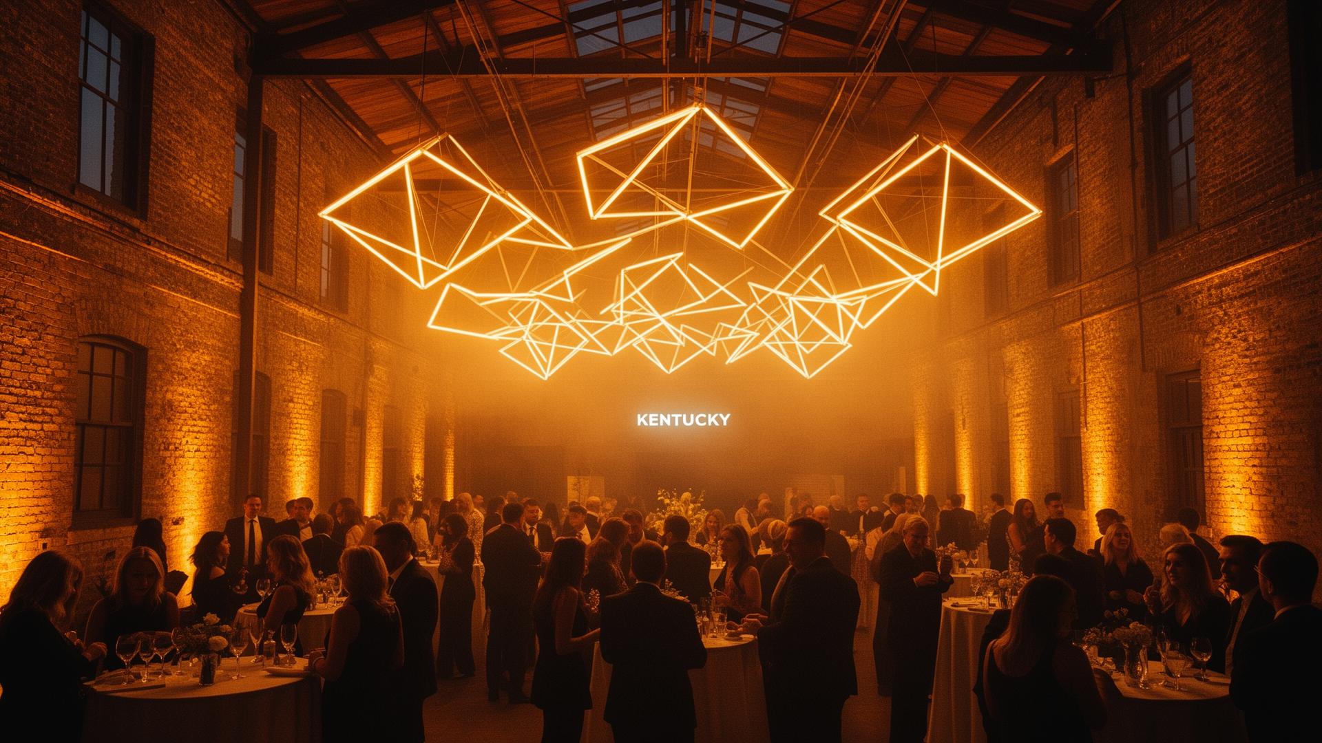 A glowing geometric LED light installation suspended above a crowd inside a Kentucky brick warehouse at dusk