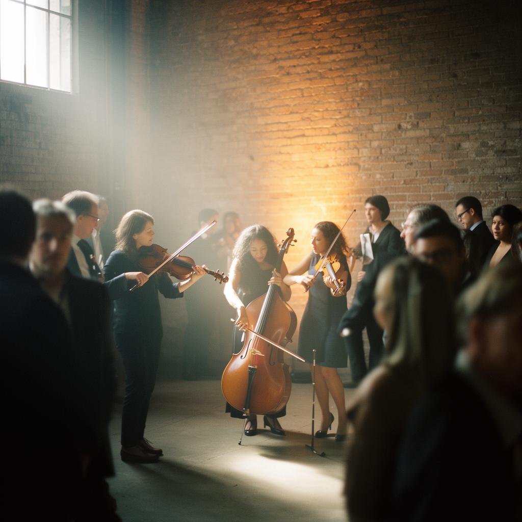 A string trio playing in a soft pool of warm light against a brick wall