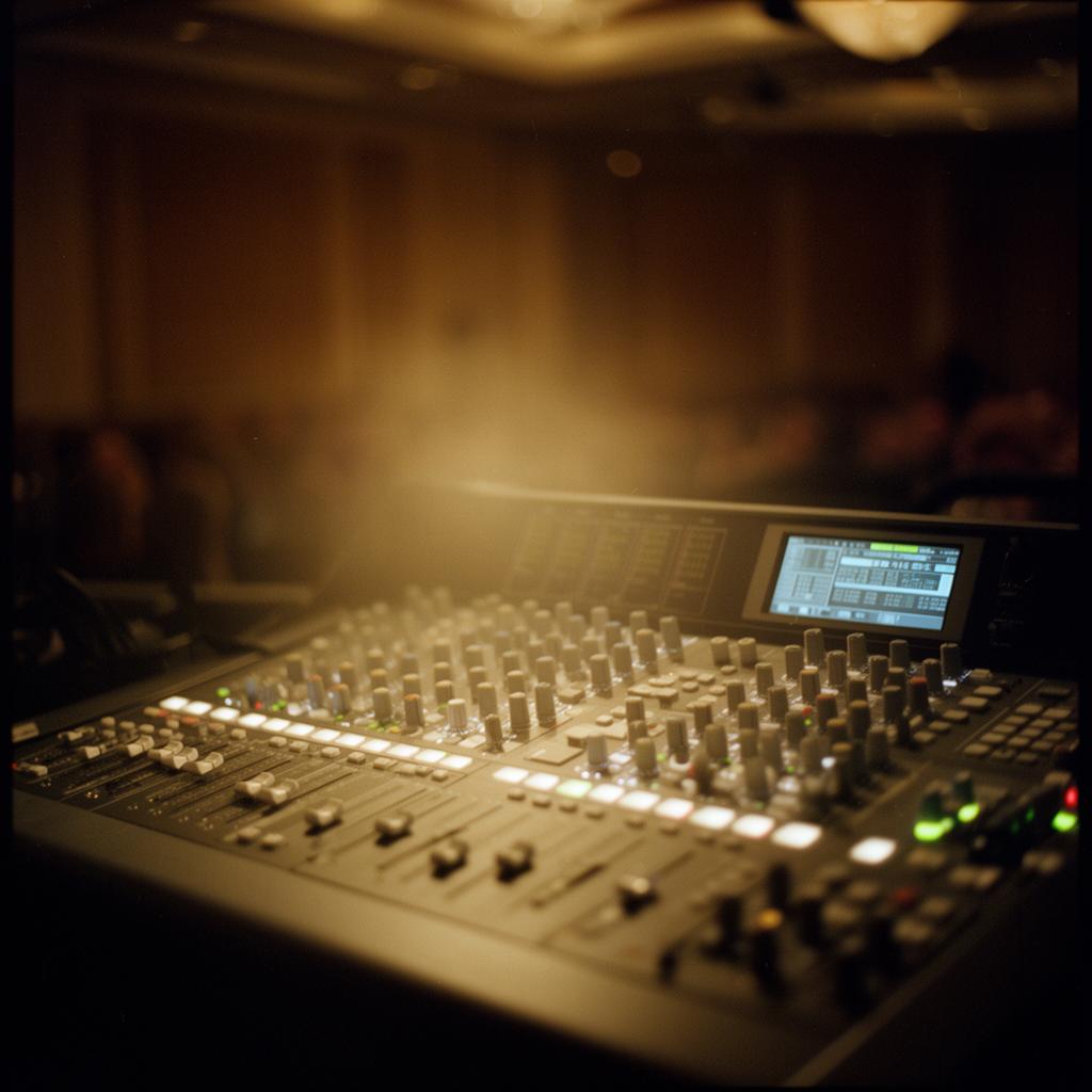 A professional digital mixing console glowing warmly in a darkened ballroom