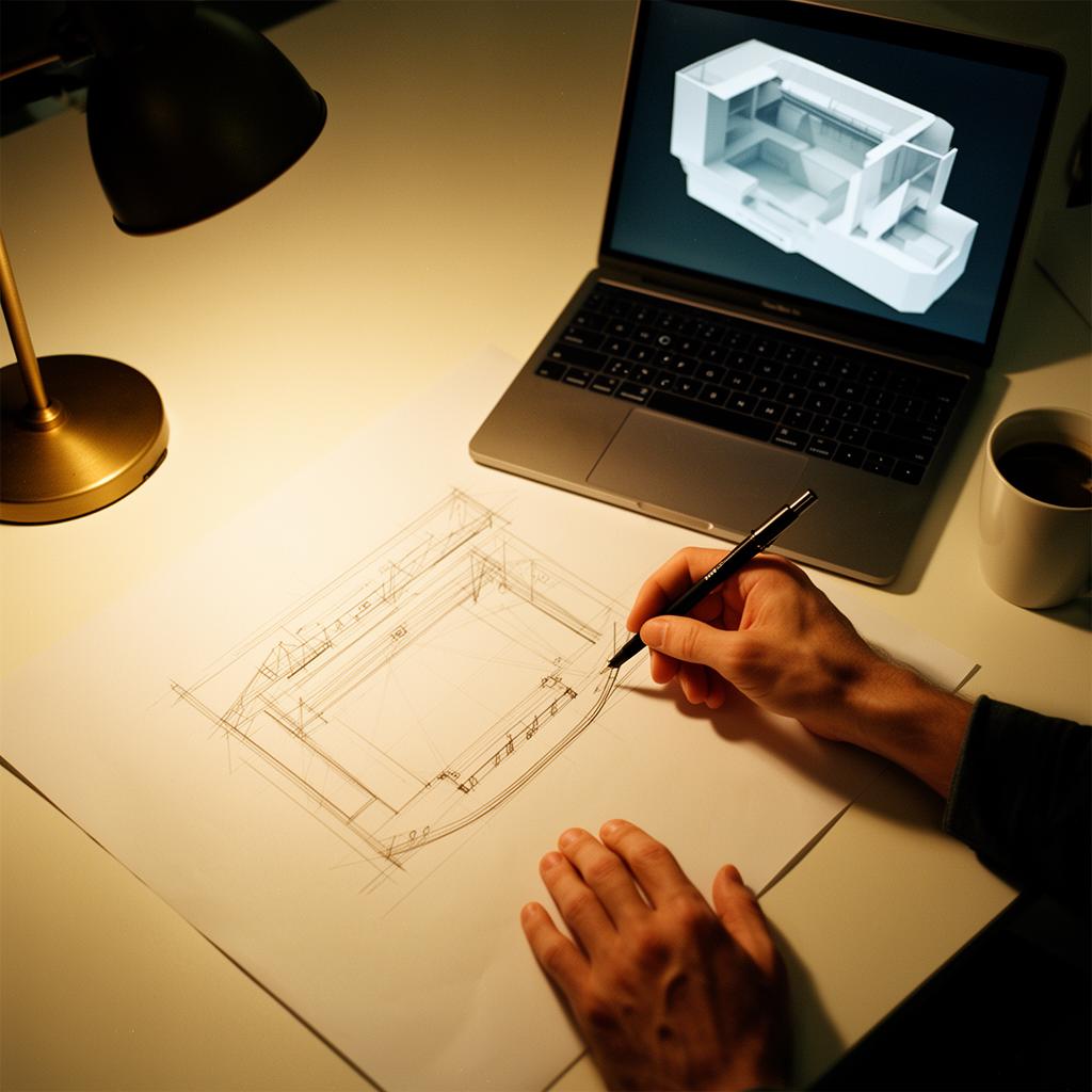A designer sketches a stage plot on paper next to a laptop showing a 3D venue render