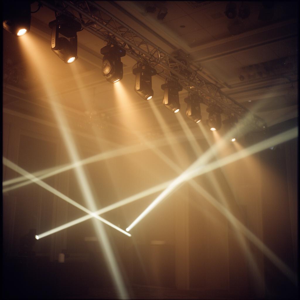 Rows of intelligent lighting fixtures rigged on truss, beams cutting through warm haze