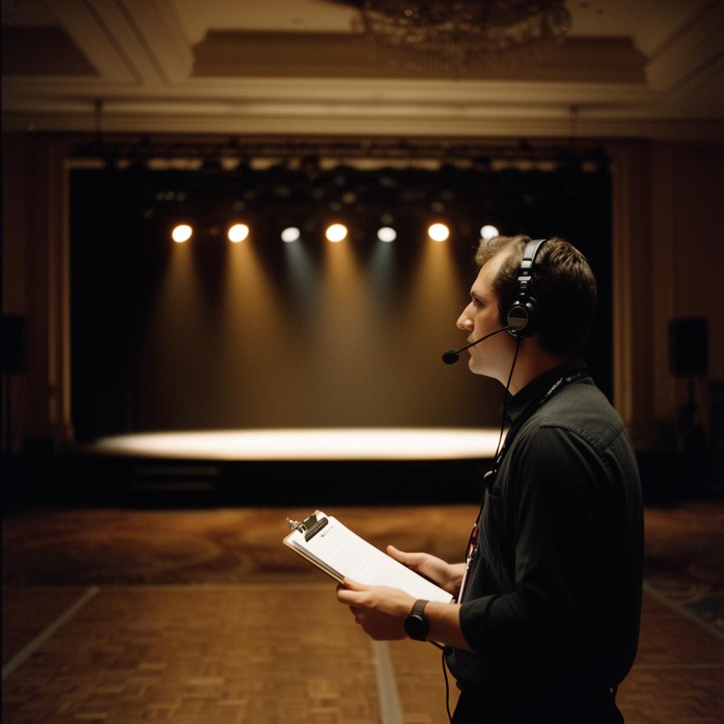 A production manager in a headset watches a stage during soundcheck in a quiet ballroom
