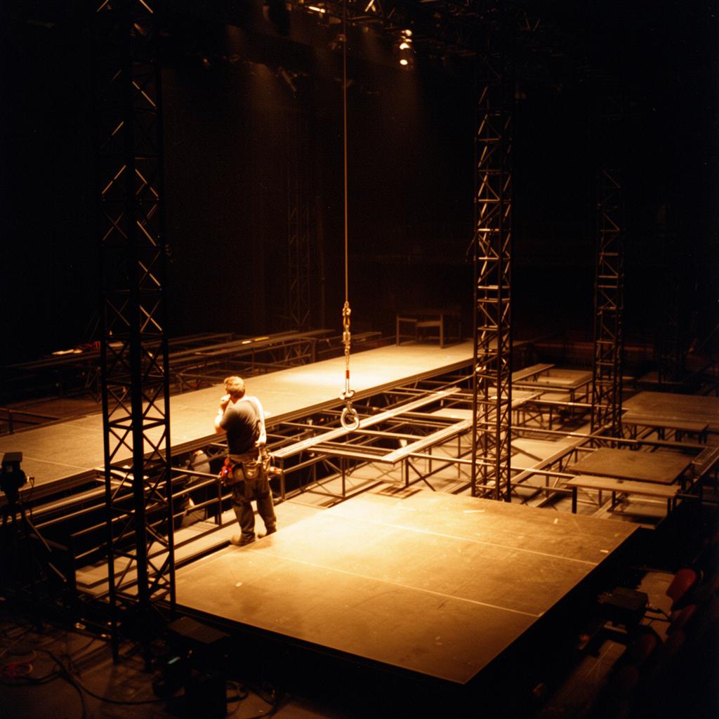 An empty stage deck under construction with black truss towers in a darkened venue
