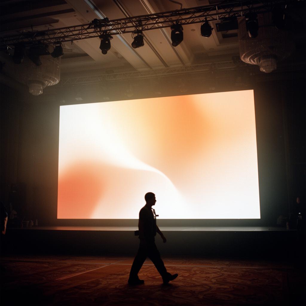 A large LED video wall displays a soft warm gradient in a darkened ballroom