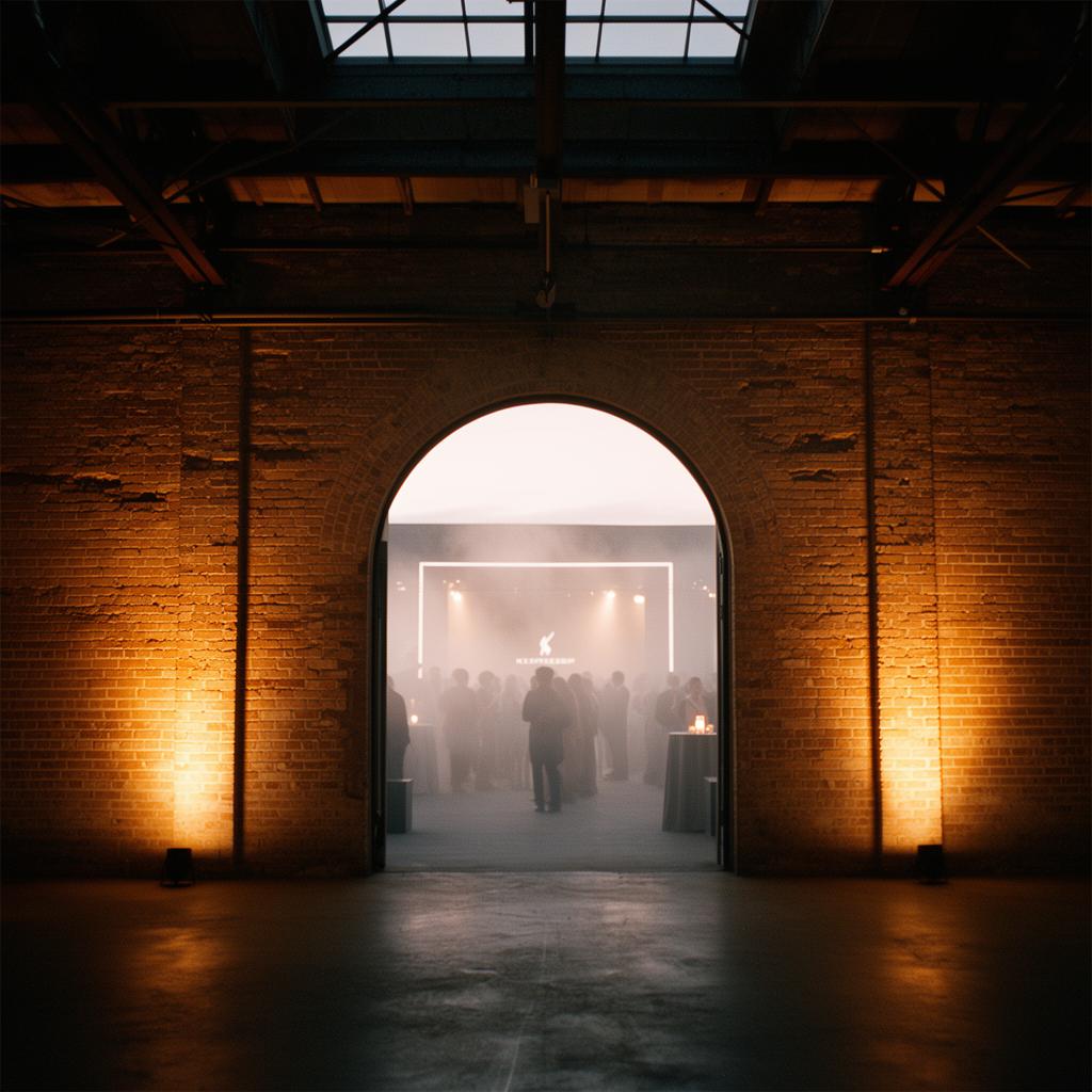 The illuminated archway entrance of a brand activation inside a Kentucky warehouse, warm uplight on raw brick walls