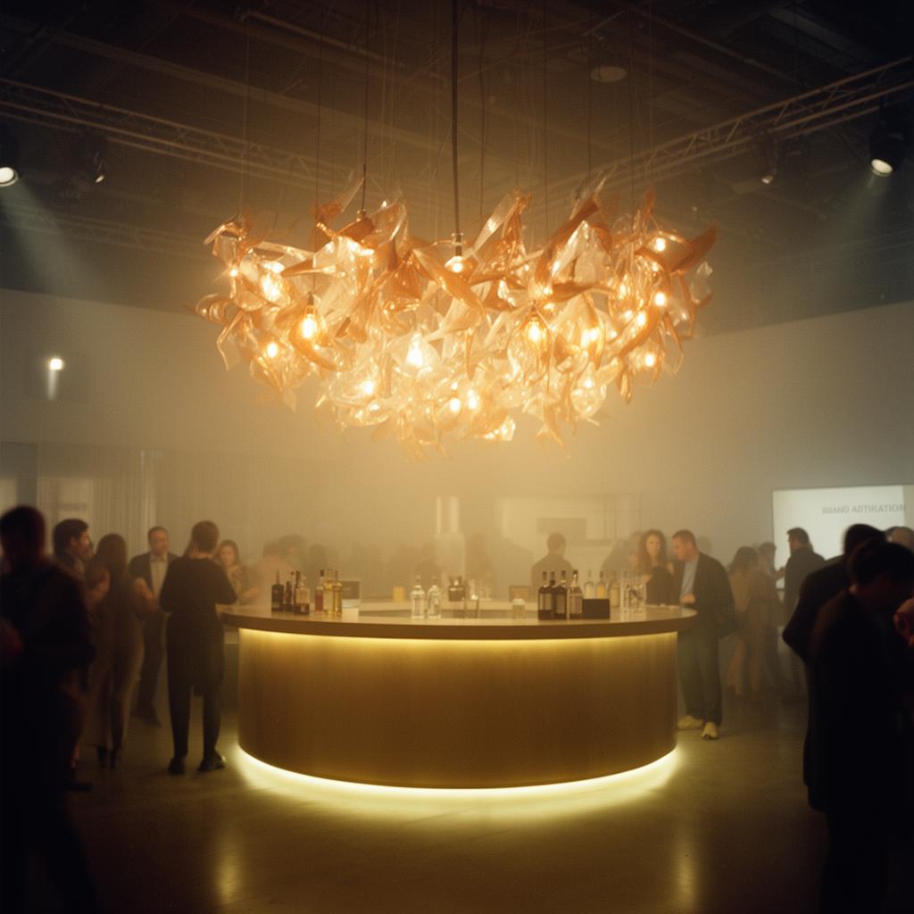 A sculptural lighting installation hanging over the central bar, warm amber pooled below