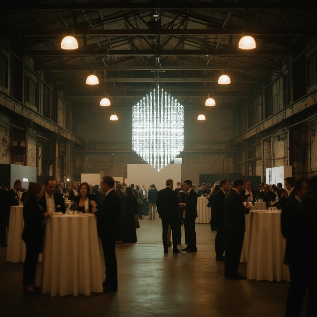 A wide view of the Illuminate networking floor with cocktail tables and a large suspended LED installation