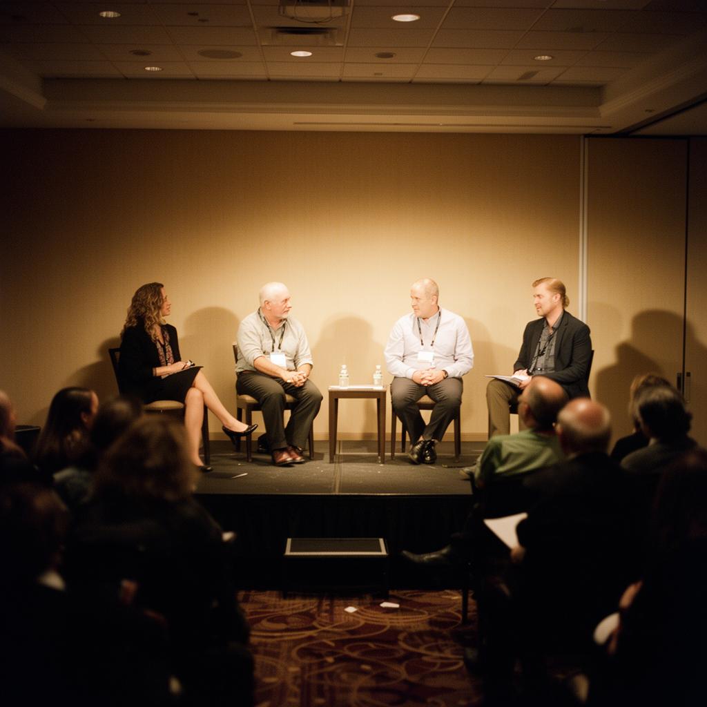 A breakout panel of four speakers seated on a low platform with warm spotlights, an attentive audience in soft focus