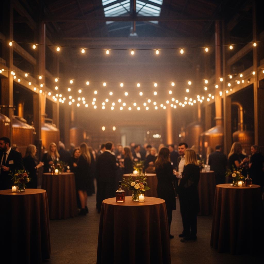 An evening corporate reception in a distillery rickhouse with warm bistro lights overhead and guests around cocktail tables