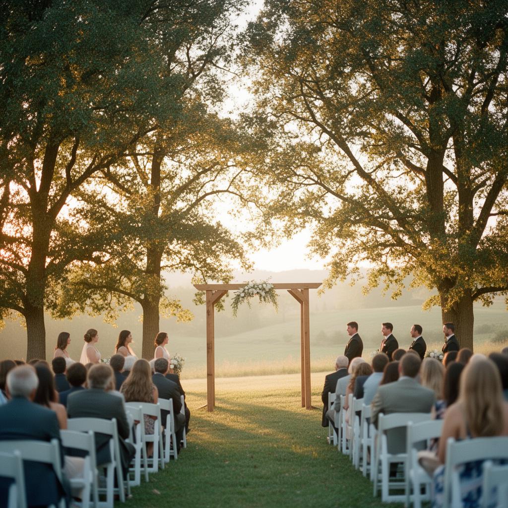 An outdoor wedding ceremony at golden hour with a simple wooden arch under mature trees and rows of white chairs