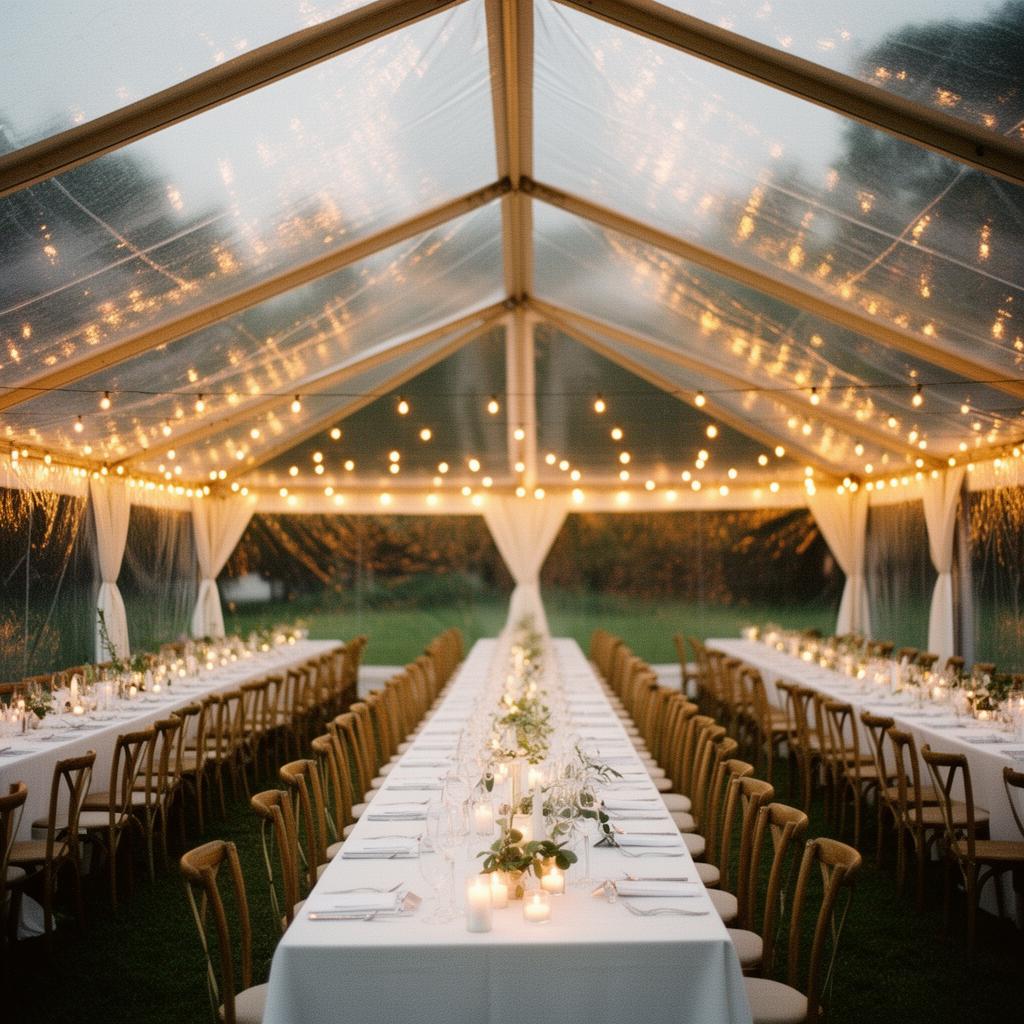 The interior of a clear-top wedding tent at dusk, long tables set with white linen and candles, warm bistro lights overhead
