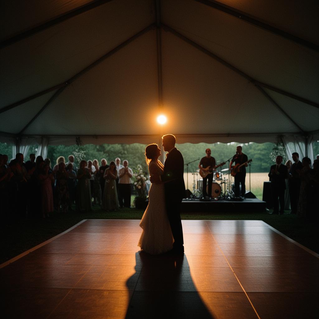 A first-dance moment under a wedding tent, a couple silhouetted by a single warm pin-spot, a small band on a low riser